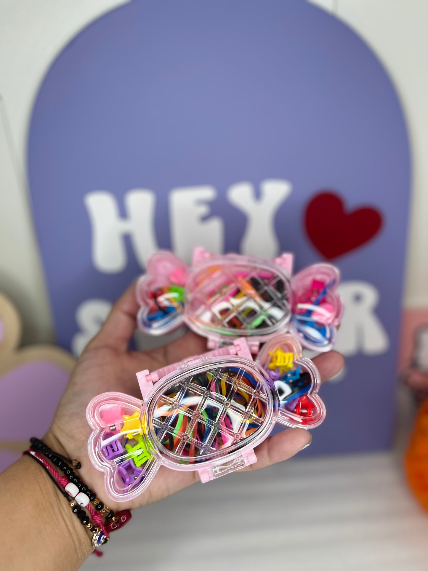 CANDY RUBBER BAND AND HAIR CLIPS