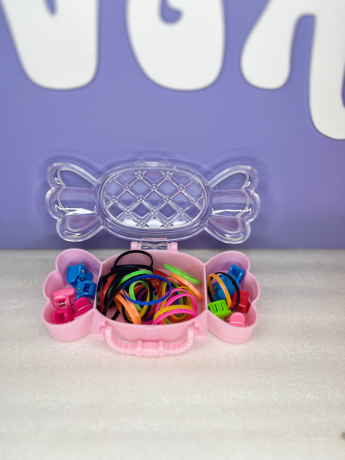 CANDY RUBBER BAND AND HAIR CLIPS